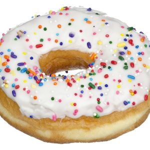 Donut with vanilla frosting and sprinkles.